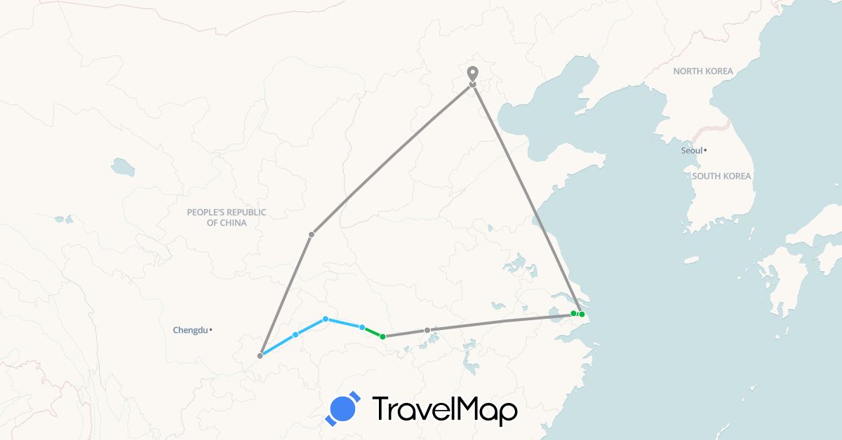 TravelMap itinerary: driving, bus, plane, boat in China (Asia)